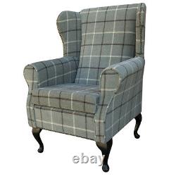 High Wing Back Fireside Chair Green Tartan Fabric Stud Easy Armchair Queen Anne
