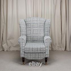 High Wing Back Fireside Chair Grey Check Fabric Armchair + Front Castor UK