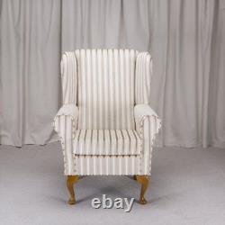 High Wing Back Fireside Chair Honey & Cream Stripe Fabric Seat Easy Armchair