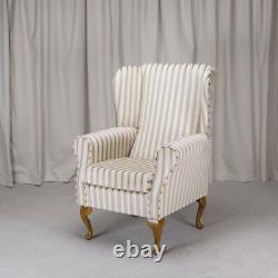 High Wing Back Fireside Chair Honey & Cream Stripe Fabric Seat Easy Armchair
