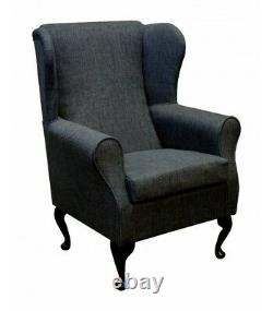 High Wing Back Fireside Chair Light Grey Atlanta Fabric Queen Anne / Tapered Leg