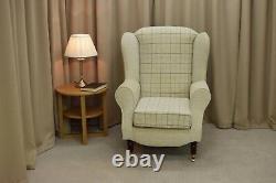 High Wing Back Fireside Chair Maida Vale Check Fabric Easy Armchair Queen Anne