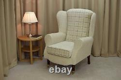 High Wing Back Fireside Chair Maida Vale Check Fabric Easy Armchair Queen Anne