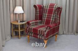 High Wing Back Fireside Chair Monk Balmoral Red Fabric Seat Easy Armchair Stud