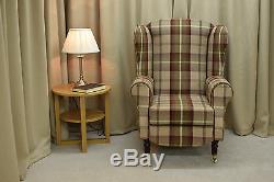High Wing Back Fireside Chair Mulberry Tartan Fabric Armchair Queen Anne Legs UK