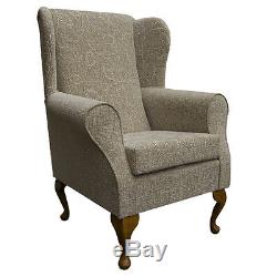 High Wing Back Fireside Chair Oatmeal Floral Fabric Easy Armchair Queen Anne Leg