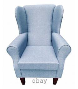 High Wing Back Fireside Chair Pale Blue Fabric Armchair Queen Anne / Tapered Leg