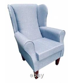 High Wing Back Fireside Chair Pale Blue Fabric Armchair Queen Anne / Tapered Leg