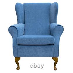High Wing Back Fireside Chair Pimlico Blue Azure Fabric Armchair Queen Anne