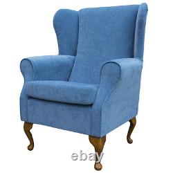 High Wing Back Fireside Chair Pimlico Blue Azure Fabric Armchair Queen Anne