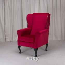 High Wing Back Fireside Chair Red Cambio Fabric Stud Easy Armchair Queen Anne