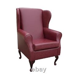 High Wing Back Fireside Chair Red Faux Leather Seat Easy Armchair Queen Anne UK