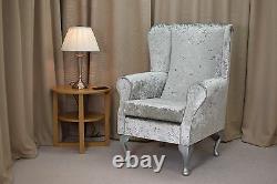 High Wing Back Fireside Chair Silver Bling Fabric Easy Armchair Queen Anne Legs