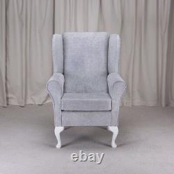 High Wing Back Fireside Chair Silver Oleandro Fabric Easy Armchair Queen Anne UK