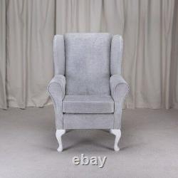 High Wing Back Fireside Chair Silver Oleandro Fabric Easy Armchair Queen Anne UK