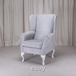 High Wing Back Fireside Chair Silver Oleandro Fabric Easy Armchair Queen Anne UK