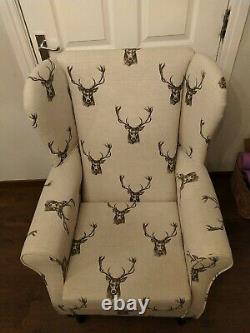 High Wing Back Fireside Chair Stag Print Fabric Seat Easy Armchair Queen Anne