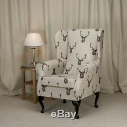 High Wing Back Fireside Chair Stag Print Fabric Seat Easy Armchair Queen Anne
