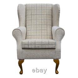 High Wing Back Fireside Chair Stone Check Fabric Seat Easy Armchair Queen Anne