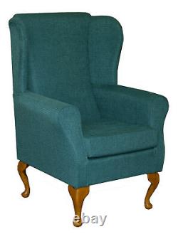 High Wing Back Fireside Chair Teal Fabric Seat Chair Easy Armchair Queen Anne UK