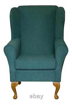 High Wing Back Fireside Chair Teal Fabric Seat Chair Easy Armchair Queen Anne UK