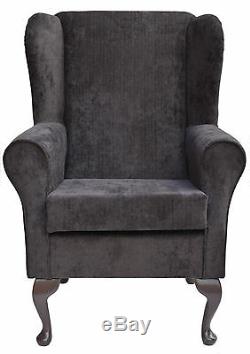 High Wing Back Fireside Chair Topaz Charcoal Fabric Easy Armchair Queen Anne Leg