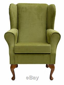 High Wing Back Fireside Chair Topaz Lime Fabric Easy Armchair Queen Anne Legs UK