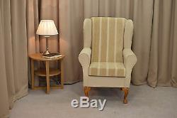 High Wing Back Fireside Chair Wheat Stripe Fabric Easy Armchair Orthopaedic UK