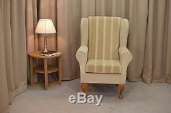 High Wing Back Fireside Chair Wheat Stripe Fabric Easy Armchair Queen Anne Legs