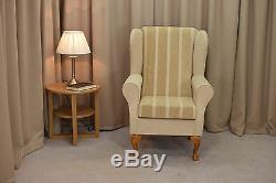 High Wing Back Fireside Chair Wheat Stripe Fabric Seat Easy Armchair Orthopaedic