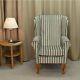 High Wing Back Fireside Chair In Chocolate 7 Blue Stripe Fabric