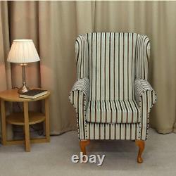 High Wing Back Fireside Chair in Chocolate 7 Blue Stripe Fabric