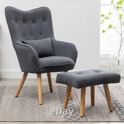 High Wing Back Fireside Grey Velvet Armchair Sofa Lounge Chair and Footstool Set