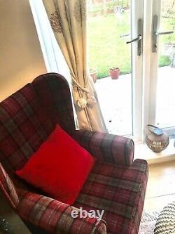 High Wing Back Queen Anne Fireside Armhair Red Tartan Fabric Armchair