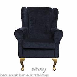 High Wingback Fireside Black Pastiche Fabric Seat Easy Armchair Queen Anne Legs