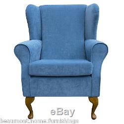 High Wingback Fireside Blue Azure Fabric Seat Easy Armchair UK