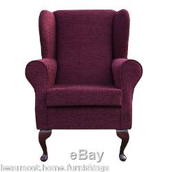 High Wingback Fireside Chair Claret Fabric Seat Easy Armchair Queen Anne Legs