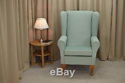 High Wingback Fireside Chair Duck Egg Fabric Seat Easy Armchair Queen Anne Legs