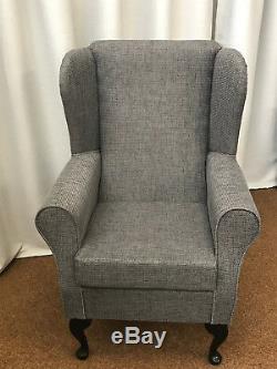 High Wingback Fireside Chair Grey Fabric Seat Easy Armchair Queen Anne Legs UK