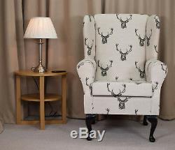 High Wingback Fireside Chair Stag Print Fabric Seat Easy Armchair Queen Anne Leg