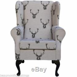 High Wingback Fireside Chair Stag Print Fabric Seat Easy Armchair Queen Anne Leg