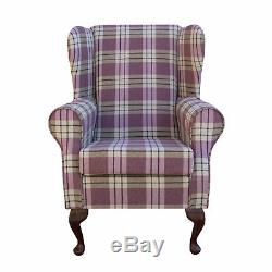 High Wingback Fireside Chair Tartan Fabric Seat Easy Armchair Queen Anne Legs UK