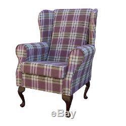 High Wingback Fireside Chair Tartan Fabric Seat Easy Armchair Queen Anne Legs UK