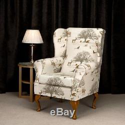 High Wingback Fireside Chair Tatton Autumn Print Fabric Seat Easy Armchair