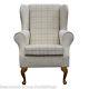 High Wingback Fireside Checkered Stone Fabric Seat Easy Armchair Queen Anne Legs