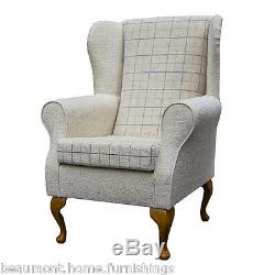 High Wingback Fireside Checkered Stone Fabric Seat Easy Armchair Queen Anne Legs