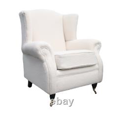 Ivory Fireside Queen Anne High Back Wing Chair Fabric Armchair Wool Effect
