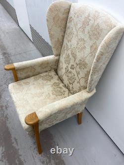 Jubilee High Back Wing chair, Fireside chair, Wooden Arm FLORAL PRINT USED CHAIR