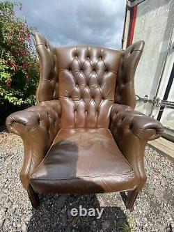Large Brown Chesterfield Leather Wingback Fireside Chair & Footstool