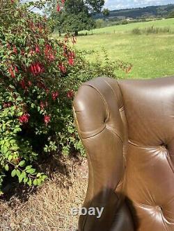 Large Brown Chesterfield Leather Wingback Fireside Chair & Footstool
